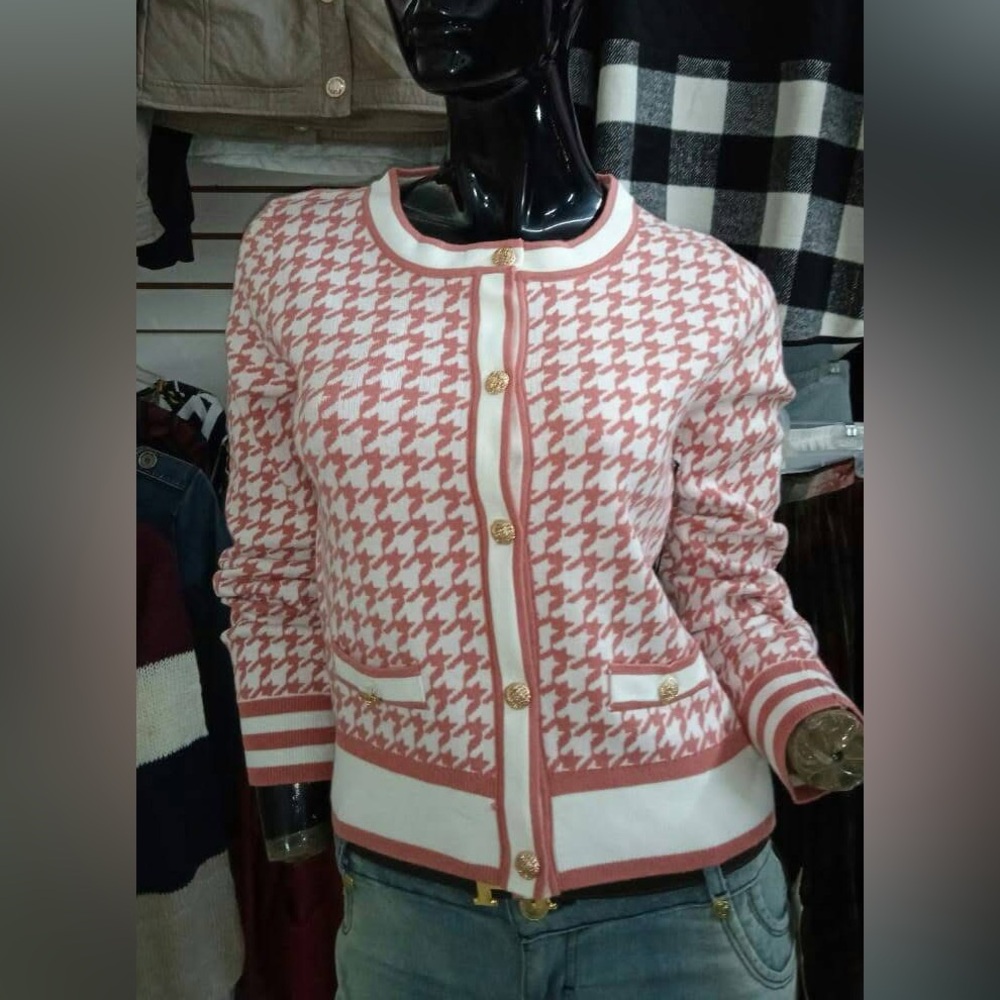 Haute Monde Pink and White Houndstooth Cardigan